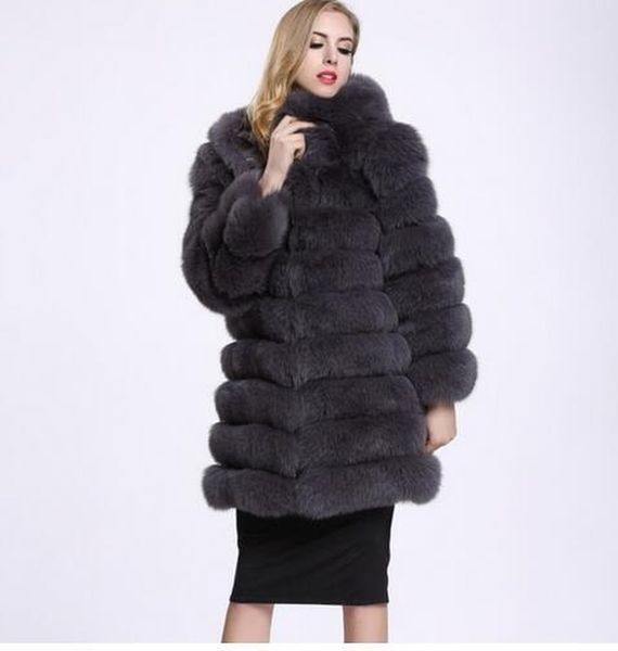 

2020 new women elegant faux fur stitching hooded coat fluffy thick fox fur coat, Black