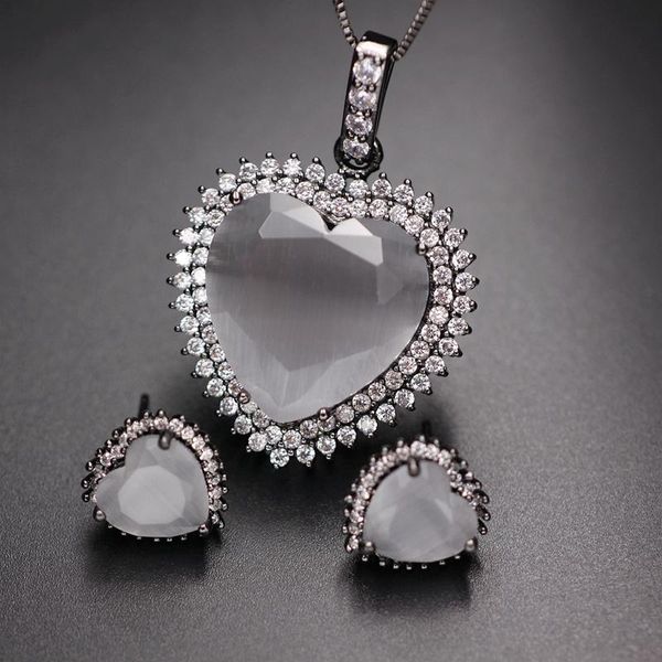 

earrings & necklace heart shape opal stones jewelry sets for women cubic zirconia paved pendant stud crystal fashion, Silver