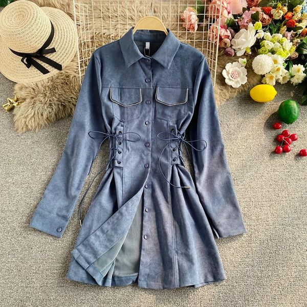 

women's autumn shirt dress lace up nipped waist dresses solid double pockets simple fashion single breasted vestidos 388 casual, Black;gray