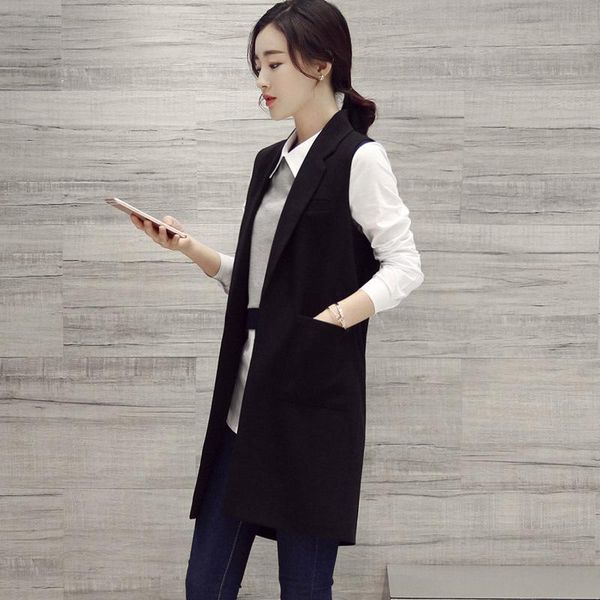 

plus size women's suit fashion long waistcoat fall style solid color ladies sleeveless jacket casual coat women suits & blazers, White;black