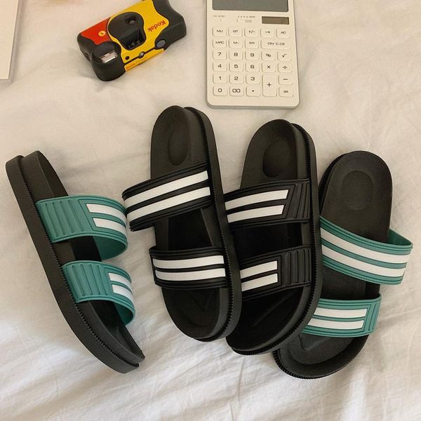 

double band flat slides women thick bottom preppy striped beach slippers ladies flip flops summer shoes platform wedges sandals, Black