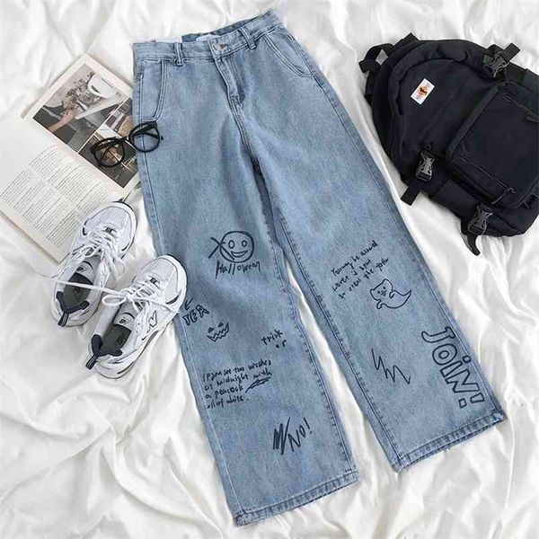 Frauen Jeans Sommer Streetwear Hip Hop Blau Hohe Taille Gerade Denim Hosen Baggy Mode Breite Bein Mama Cowboy Hosen 210720