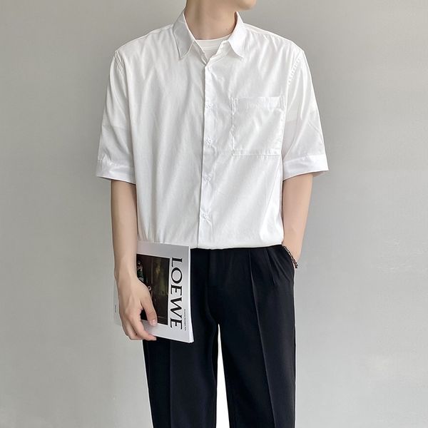 

summer short sleeve shirt men's korean version versatile simple fashion men's youth casual solid color shirt, White;black