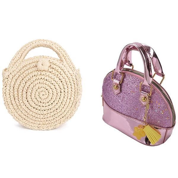 

evening bags round paper rope beach bag girls circle rattan shoulder bag(beige) & girls'sequins handbags princess crossbody bag(pink)