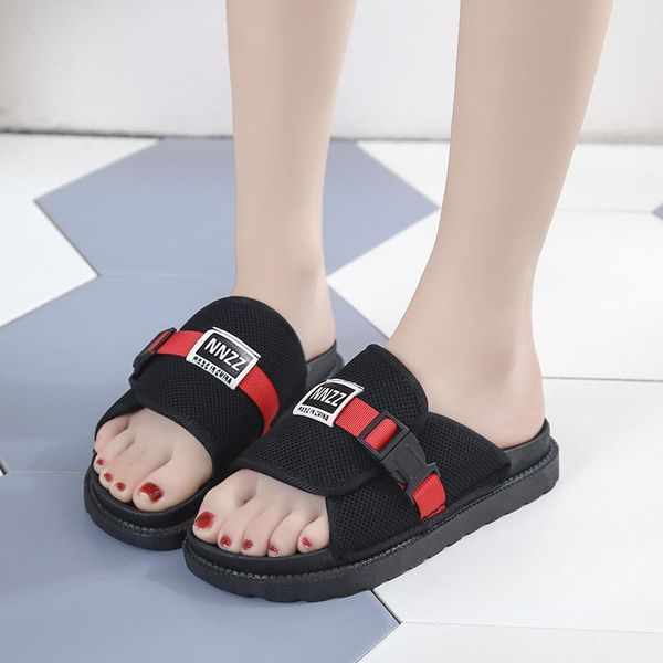 

slippers open toe outside fashion concise women med flat with turned-over edge solid shoes buckle strap summer, Black