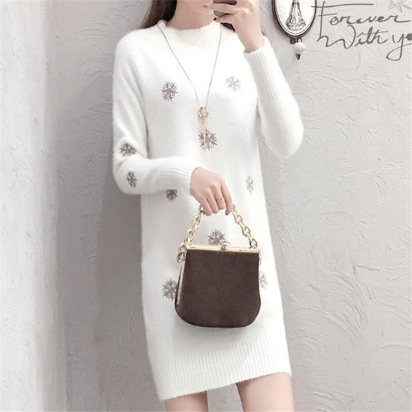 

women's sweaters red white black mid long faux mink cashmere sweater dress women pullover winter fashion thick loose embroidery female