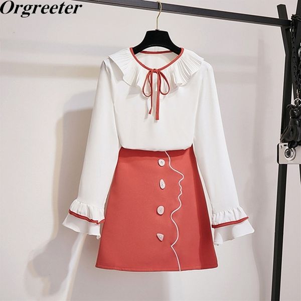 

fashion abstract character avatar embroidery single-breasted a-line skirt and chiffon shirt blouse two piece set women clothing 210525, White