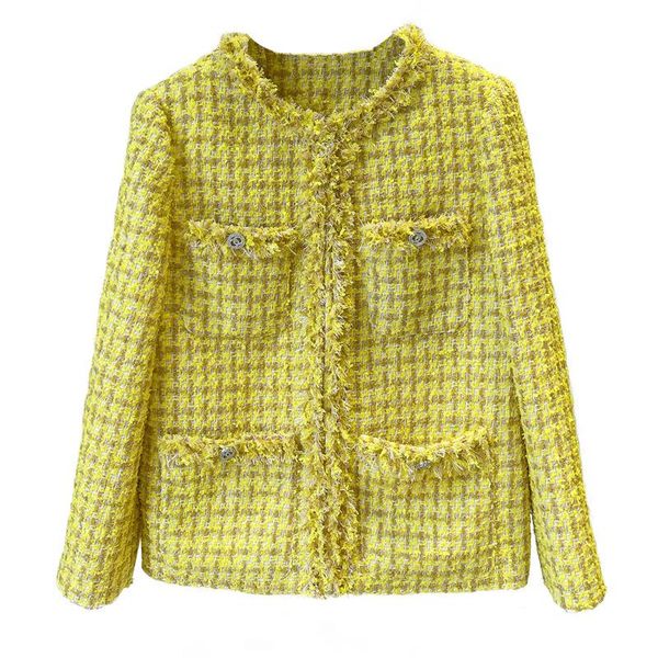 

women's jackets yellow plaid tweed jacket women runway office ladies coats 2021 autumn round neck covered button tassel and, Black;brown