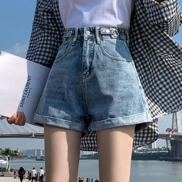 

women's shorts denim high waist wide leg adjustable, White;black