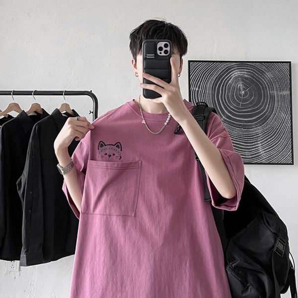 

men's t-shirts hybskr big pocket casual couple men tshirt size high street cute cat print short seeve t-shirt fashion loose male t shir, White;black