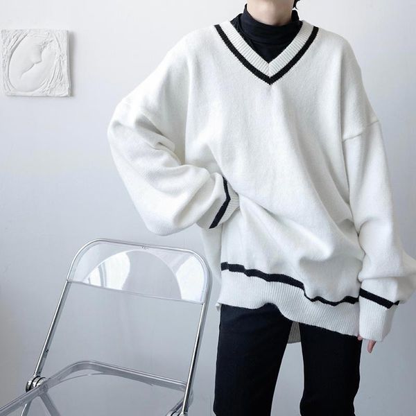 

men's sweaters black white sweater men warm fashion casual oversized knitted pullover loose v-neck long-sleeved mens jumper clothes, White;black