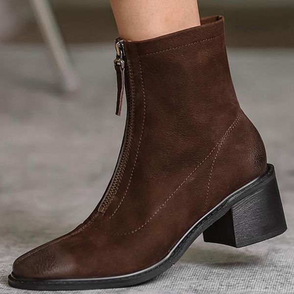 

boots women's natural suede leather thick high heel front zip autumn ankle retro female soft comfortable punk short shoes, Black