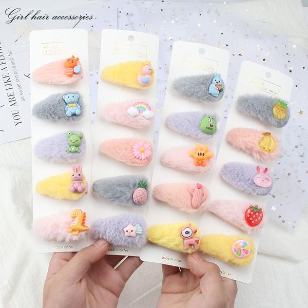 

hair accessories 5pieces cute animal fruit clip girl colorful flowers cartoon hairpins children's plush side headdress, Slivery;white