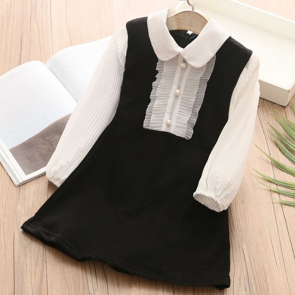 

spring autumn 2 3 4 6 7 8 9 10 years fake two piece children's long sleeve princess pearl chiffon dress for kids baby girls 210529, Red;yellow