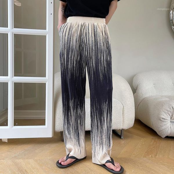 

men's pants fashion summer gradient color loose casual pleated wide leg h39, Black