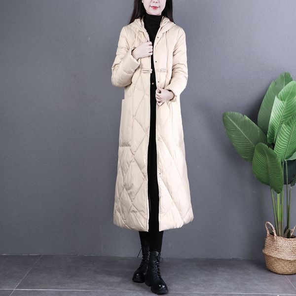 

women winter coat hooded down jacket loose thin national wind disk buckle straight thickened 90 white duck woman parkas jackets, Black