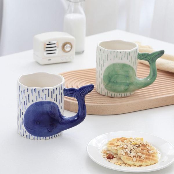 

mugs cute hand painted dolphine green blue ceramic animal mug drinkware coffee tea milk cups funny gift for child couple friends