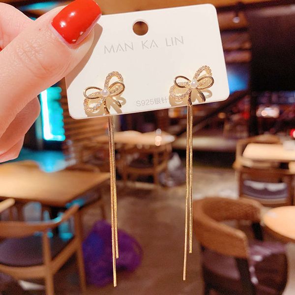 

korean 925 silver needle bowknot pearl long tassel earrings for women in duplicate, Black