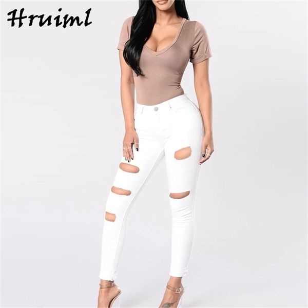 

ripped pencil pants placket with zipper streetwear trousers for women fashion skinny casual solid color vetement femme 210513, Black;white