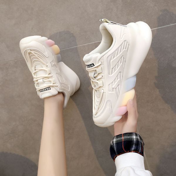 

Rainbow shoes womens Spring Autumn 2022 Thick Bottom Increased Feet Showing Trend Fashion Girls Sports Shoes Female Casual, Beige