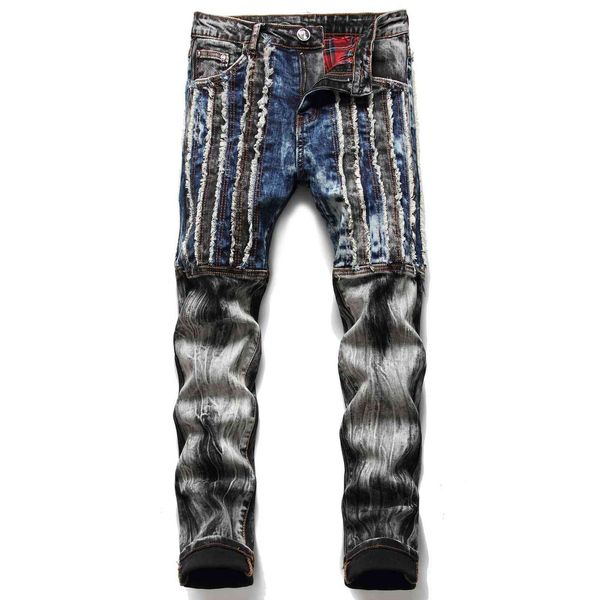 

jeans men's slim fit personalized style black patchwork elastic 22, Blue
