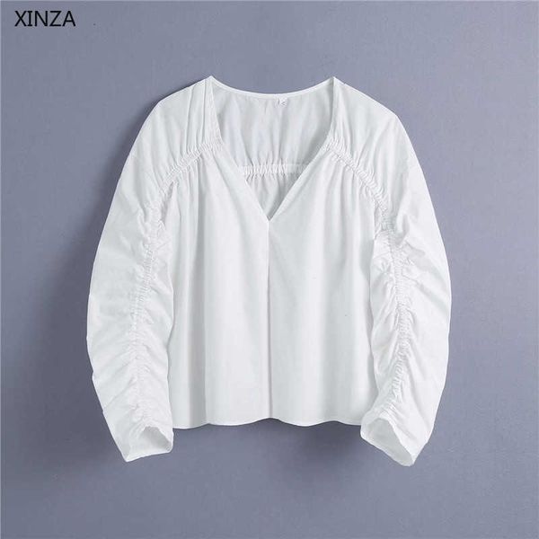 

women's knits & tees women long puff sleeve ruched blouse v neck elastic vintage spring white shirts woman fashion fitted casual