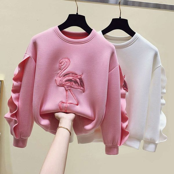 

8107# women's sweater round neck design embroidered space cotton pink hoodless loose korean top, Black