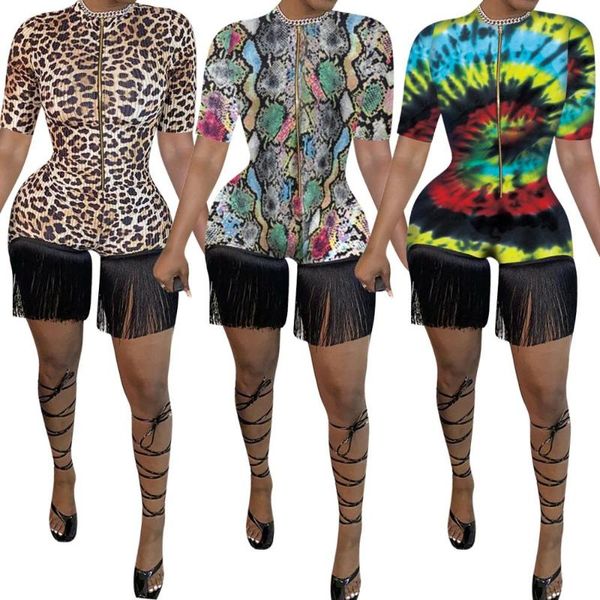 

women's jumpsuits & rompers european and american leopard print one-piece pants fashion slim zipper short sleeve shorts, Black;white