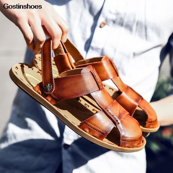 

sandals men sandel for genuine leather casual closed toe anti slip full grain mens summer sandalias de playa, Black
