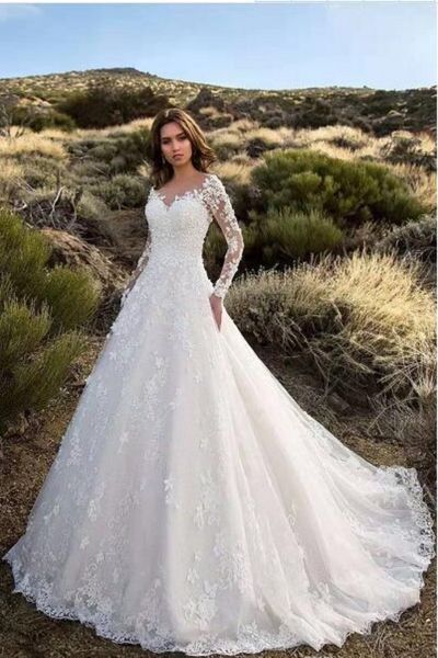 

beach style a line long sleeve wedding dresses sweep train gowns white lace low back model bridal