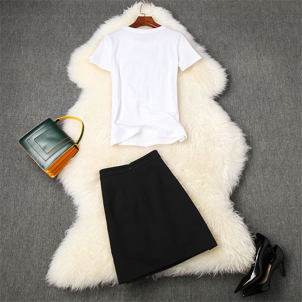 

summer fashions female clothes short embroidered t-shirt beads skirt suits, Black