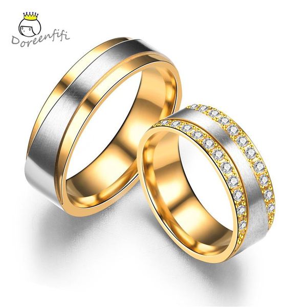 

gold color 316lstainless steel rings for women men titanium engagement wedding lovers couple ring size 6 8 9 10 11 12 13 anillo cluster, Golden;silver