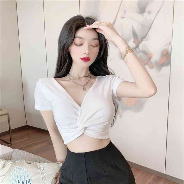 Corea Sexy Deep V Twist Slimming Mostrando Navel Cord Chest Cup Manica corta Slim T-shirt Fashion Top 210520