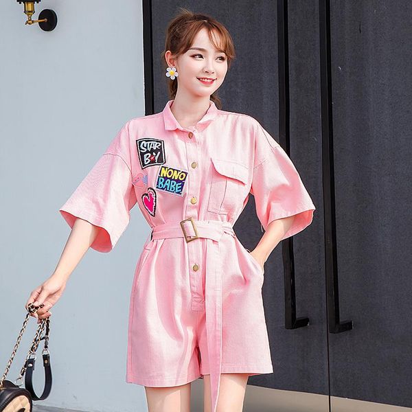 

womens jumpsuit shorts 2021 summer short sleeve rompers women fashion embroidery loose high waist denim overalls with belt women's jump, Black;white