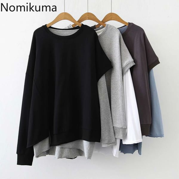 

nomikuma streetwear bf style women sweatshirt causal fake two pieces patchwork hoodies autumn winter korean jumper 6d124 210427, Black