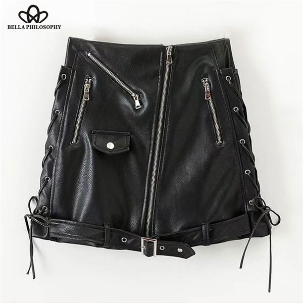 

utumn winter high waist skirt pu faux leather women skirt black zipper mini line solid 210519