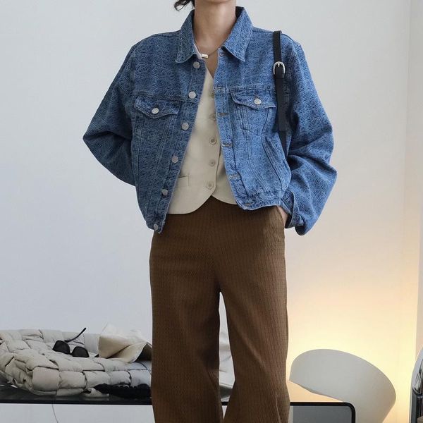 

women's jackets spring and autumn casual printed lapel long sleeve pocket denim jacket, Black;brown