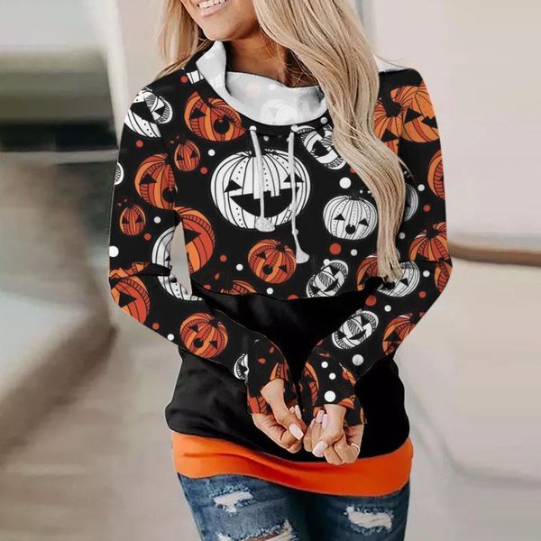 

women's hoodies & sweatshirts autumn casual patchwork pumpkin print long-sleeved halloween sweatshirt ladies harajuku pullover #g2, Black