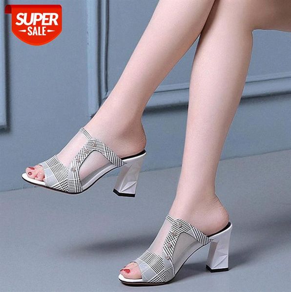 

fish mouth sandals with color matching mesh gauze rhinestones thick heel european and american slippers women wear high heels #ny6m, Black