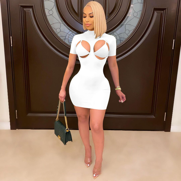 

bodycon 2 piece club outfits for women summer bandage bra and half high collar short sleeve dress hollow matching sets, White;black
