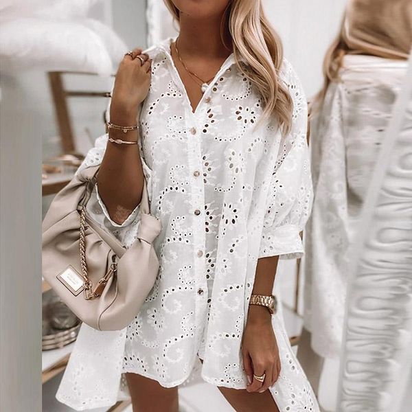 

casual dresses three quarter sleeve hollow out women mini dress autumn solid lapel button lady shirt femme streetwear vestido, Black;gray