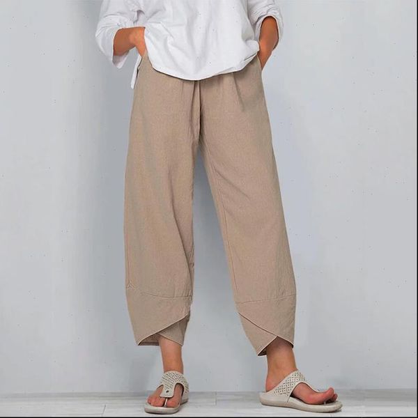 

cotton linen women pant autumn solid woman pants elastic waist wide leg plus size loose harem high, Black;white