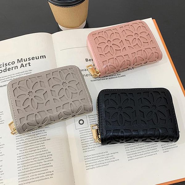 

card holders women wallet hollow out coin keychain purse bag organizer holder simple key case mini bags, Brown;gray