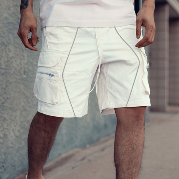 

summer men's casual shorts solid hip hop trend multi pocket reflective strip, White;black
