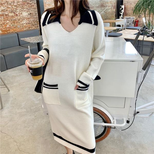 

casual dresses autumn winter women loose long sleeve turn-down collar knitting dress pockets striped warm sweater female, Black;gray