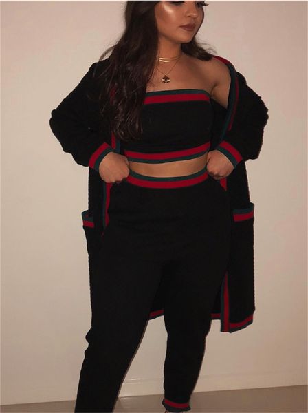 

designer womens three piece sets knits dress autumn winter sweaters+crop + leg pants long cardigan blouse women black tracksuits set lady ou, Black;gray