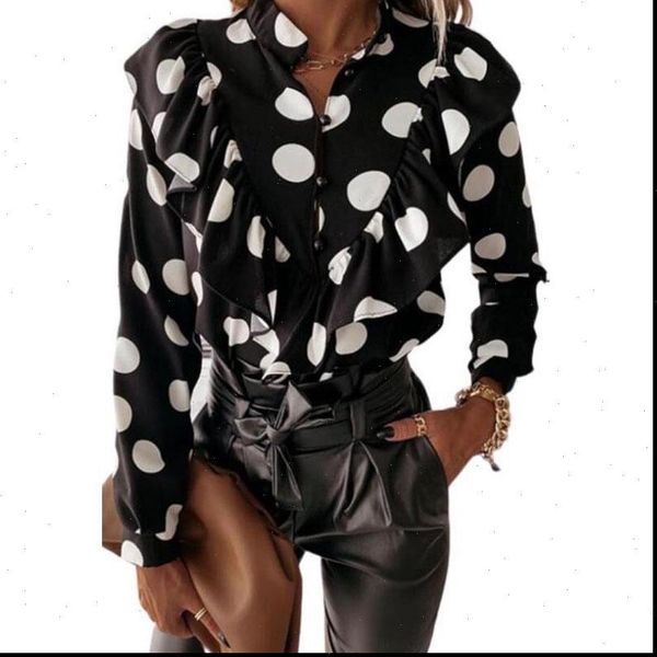 

long sleeve polka dot fall women blouses ruffles white black and plus size 3xl casual woman shirts