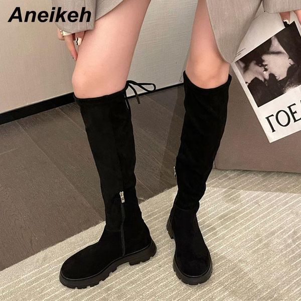 

boots aneikeh punk flock thick bottom women's winter booties heels ladies shoes platform lace-up 2021 fashion round toe non-slip, Black