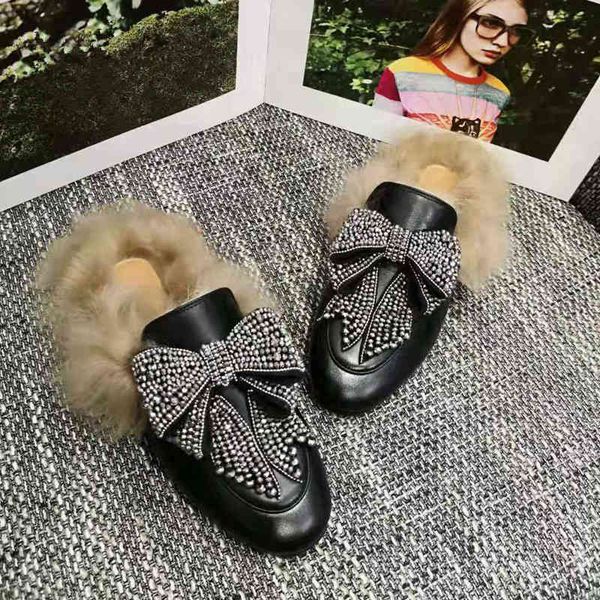 

sandals fashion women's fur slippers autumn winter diamond bodice flat shoes eu35-40 55ii, Black