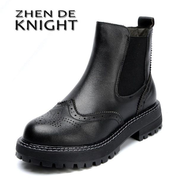 

boots handmade women 2021 vintage genuine leather flat ankle ladies autumn winter bullock casual platform, Black